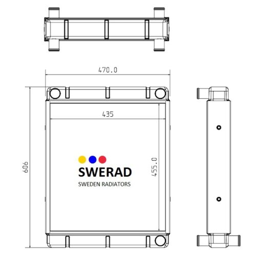 Tekniskt diagram över en Kylare JCB gaffeltruck-kylare, med vyer framifrån, från sidan och ovanifrån, med dimensionerna märkta: 470,0 mm bredd, 609,6 mm höjd, 435,0 mm inre bredd och 455,0 mm inre höjd.