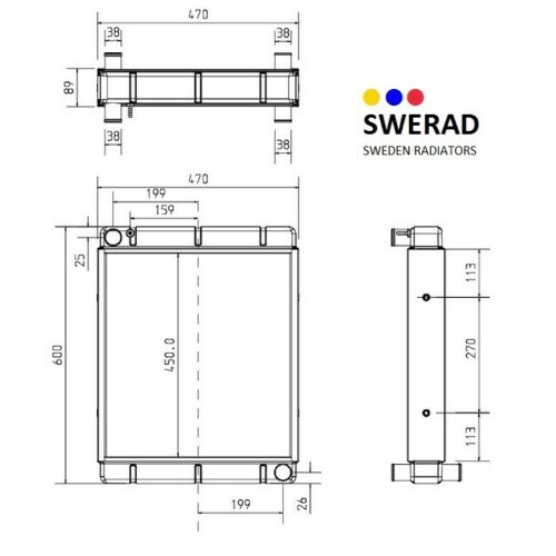 Teknisk ritning av en Kylare JCB grävmaskin radiator, som visar front-, sido- och toppvyer med mått i millimeter. Logotypen lyder "Swerad Sweden Radiatorer.