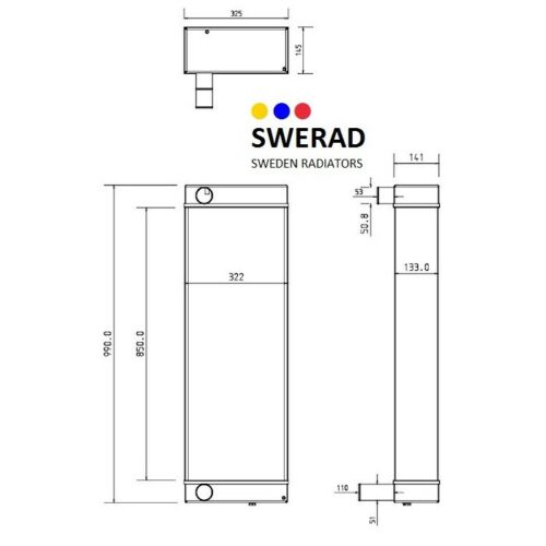 Teknisk ritning av en Kylare JCB grävmaskin-produkt från SWERAD Sweden Radiatorer, som visar front-, sido- och toppvyer med mått märkta i millimeter.