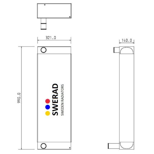 Teknisk ritning av en Kylare JCB gaffeltruck radiator från tre sidor, som visar mått på 990 mm gånger 321 mm och ett djup på 140 mm. Logotypen "SWERAD SWEDEN RADIATORS" visas på framsidan.