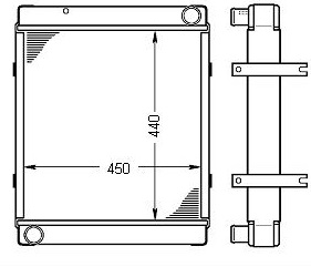 Teknisk ritning av Kylare JCB gaffeltruck kylare som visar dimensioner: 450 mm bred och 440 mm hög. Kylaren har in- och utloppsportar i övre vänstra och nedre högra hörnen. Sidovy visar enhetens tjocklek.