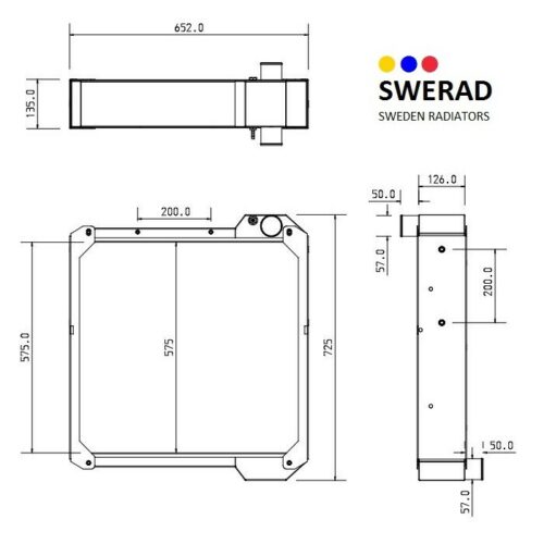 Teknisk ritning av en radiator med mått märkta. SWERAD-logotypen och slogan "Sweden Radiators" finns i det övre högra hörnet, med produktnamnet "Kylare JCB grävmaskin.