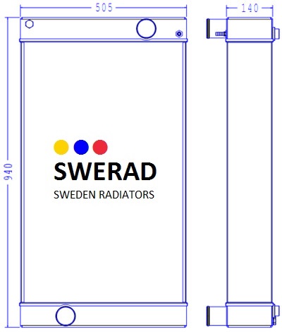 Teknisk ritning av Kylare JCB lastmaskin radiator med mått: höjd 940 mm, bredd 505 mm, djup 140 mm. Etiketten säger "SWERAD SWEDEN RADIATORS." Framifrån och från sidan visas.