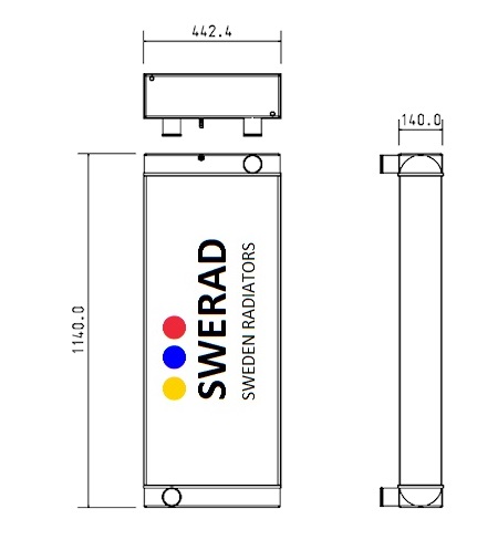 Tekniskt diagram över Kylare JCB lastmaskin rektangulär radiator från SWERAD Sweden Radiatorer, som visar front- och sidovyer med mått: 442,6 mm bredd, 1140,0 mm höjd och 140,0 mm djup.