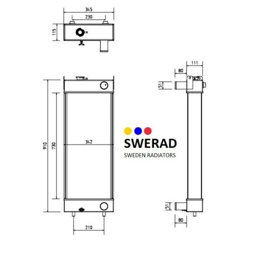 Tekniskt diagram över en Kylare JCB grävmaskin radiator med front-, sido- och toppvy, inklusive mått i millimeter.