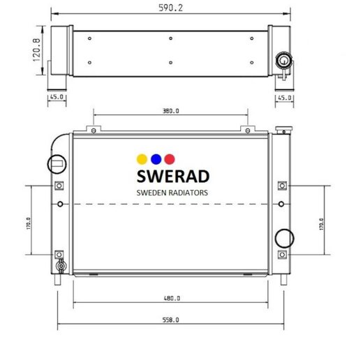 Teknisk ritning av en Kylare JCB grävmaskin radiator, som visar front- och sidovyer med mått märkta. Framsidan inkluderar mått i millimeter.
