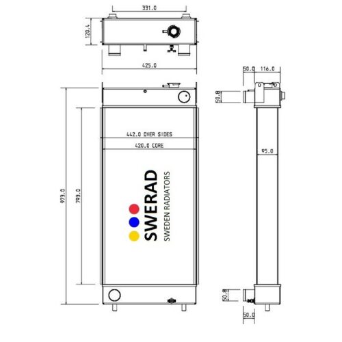 Tekniskt diagram över en Kylare JCB grävmaskin enhet med front-, sido- och toppvyer, inklusive mått och specifikationer i millimeter.