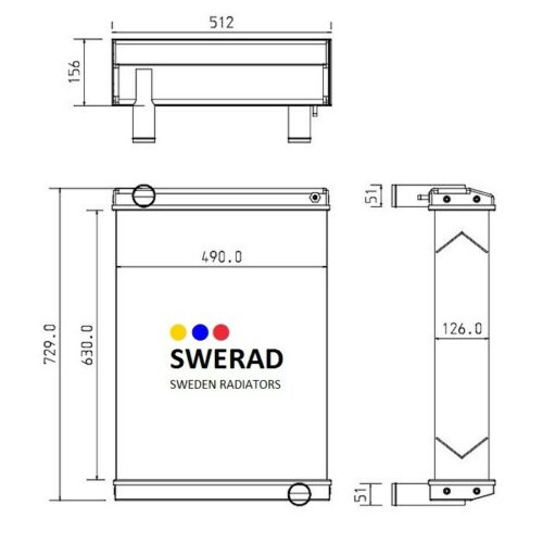 Teknisk ritning av en Kylare JCB grävmaskin enhet. Mått är markerade och visar bredd, höjd och olika sektionsdetaljer. Varumärkets logotyp ingår i den centrala frontvyn.
