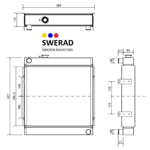 Teknisk ritning av en Kylare JCB grävmaskin radiator, som visar front-, topp- och sidovyer med mått i millimeter.