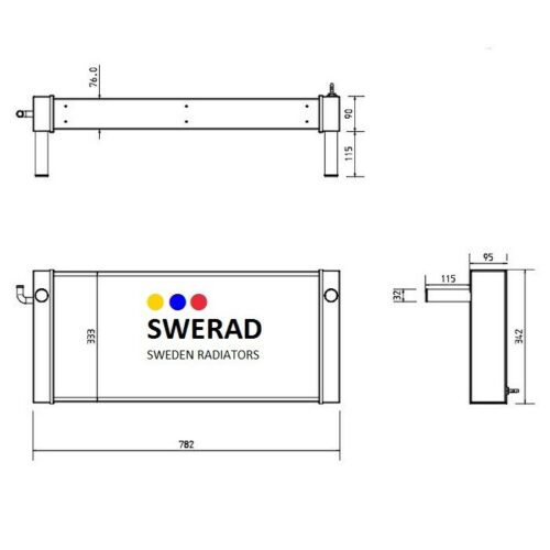 Teknisk ritning av en Kylare JCB grävmaskin enhet från Swerad Sweden Radiatorer som visar front-, top- och sidovyer med mått.