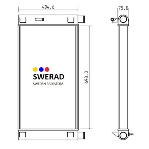 Tekniskt diagram över en radiator från SWERAD Sweden Radiatorer, närmare bestämt Kylare JCB grävmaskin-modellen, som visar front- och sidovyer med måtten märkta 404,6 mm bredd och 698,0 mm höjd.