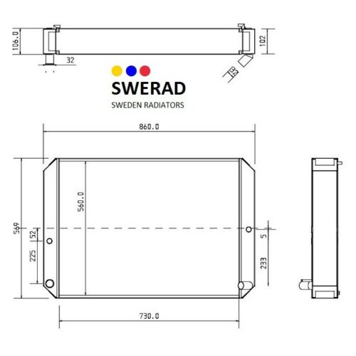 Teknisk ritning av Kylare JCB grävmaskin med mått i millimeter; inkluderar front-, sido- och toppvyer. Text visar företagsnamnet "SWERAD" och "SWEDEN RADIATORS" under en logotyp med tre färgade prickar.
