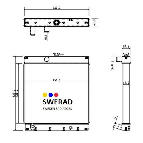 Teknisk ritning av Kylare JCB grävmaskin radiator med mått märkta. Framsidan visar en höjd på 527 mm och en bredd på 460 mm; sidovyer indikerar ett djup på 57,6 mm och olika anslutningspunkter.