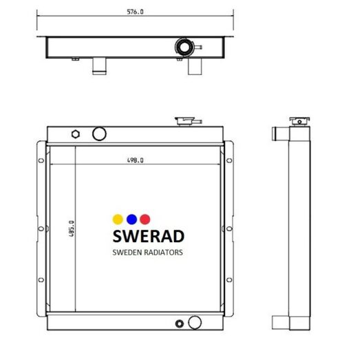 Teknisk ritning av en Kylare JCB grävmaskin radiator med front-, top- och sidovyer, mått och logotypen "SWERAD Sweden Radiators" visas på frontvyn.