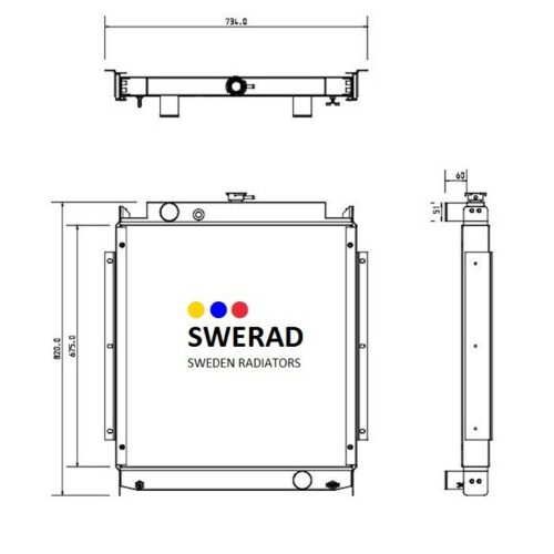 Teknisk ritning av en Kylare JCB grävmaskin från olika vinklar, som visar detaljerade mått. Framifrån identifierar varumärket med "SWERAD SWEDEN RADIATORS"-logotypen och texten.
