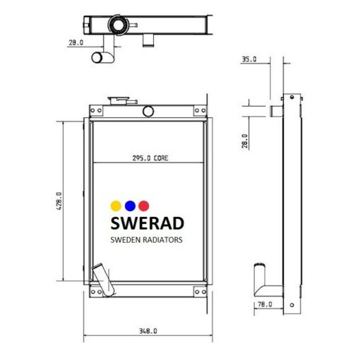 Tekniskt diagram över en kylare märkt "Kylare JCB grävmaskin", som visar front-, sido- och toppvyer med detaljerade mått.