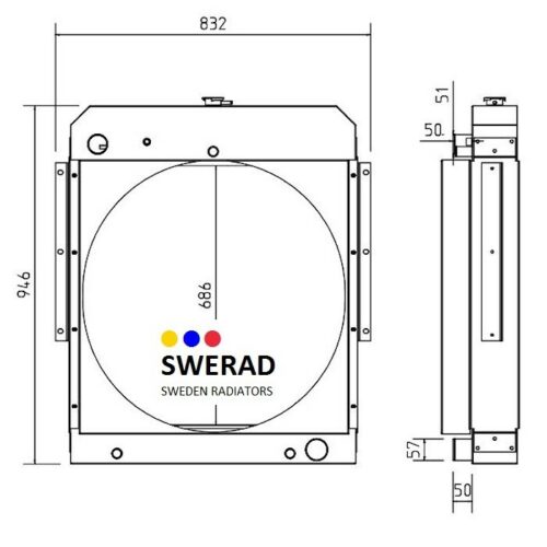 Teknisk ritning av en radiator, Kylare JCB grävmaskin från SWERAD Sweden Radiatorer, som visar front- och sidovyer med måtten 832x946x57mm.
