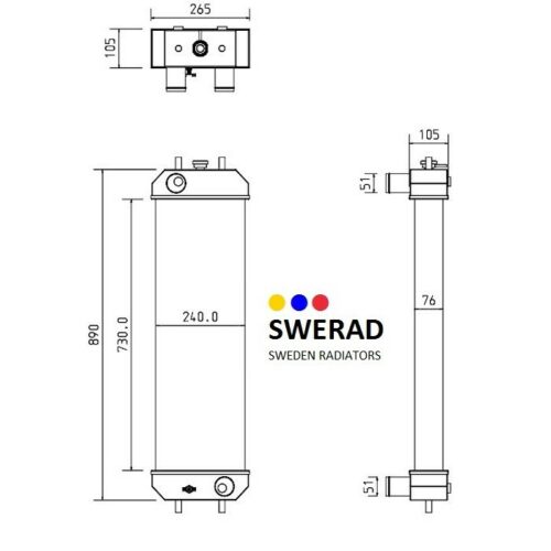 Tekniskt diagram över en Kylare JCB grävmaskin som specificerar mått: höjd 890 mm, bredd 265 mm, djup 105 mm och kärnstorlek 240 mm x 730 mm, med etiketter och en tvåfärgad logotyp för företaget.