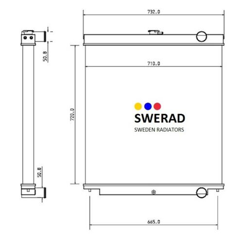 Diagram över en Kylare JCB grävmaskin, som visar fram- och sidovyer med mått. Måtten inkluderar höjd (720 mm), bredd (710 mm) och djup (51,9 mm).