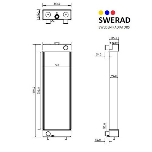 Tekniskt diagram som visar framifrån och från sidan av en Kylare JCB grävmaskin radiator med exakta mått i centimeter. Swerads logotyp finns i det övre högra hörnet.