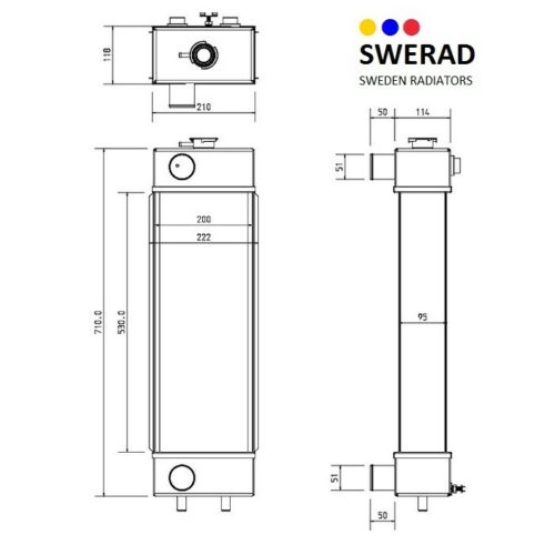 Teknisk ritning av en kylare märkt "Kylare JCB grävmaskin" med mått. Varumärke i det övre högra hörnet lyder "SWERAD SWEDEN RADIATORS." Kylaren har mått indikerade i millimeter för olika delar.