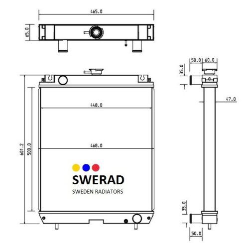 Tekniskt diagram över en kylare med titeln "Kylare JCB grävmaskin" med dimensioner: höjd 501,2 mm, bredd 468,0 mm och djup 65,0 mm.