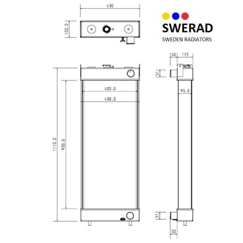 Teknisk ritning av Kylare JCB grävmaskin radiator med mått i millimeter. Måtten och placeringarna är märkta. Varumärket "SWERAD" och tagline "Sweden Radiatorer" finns i det övre högra hörnet.