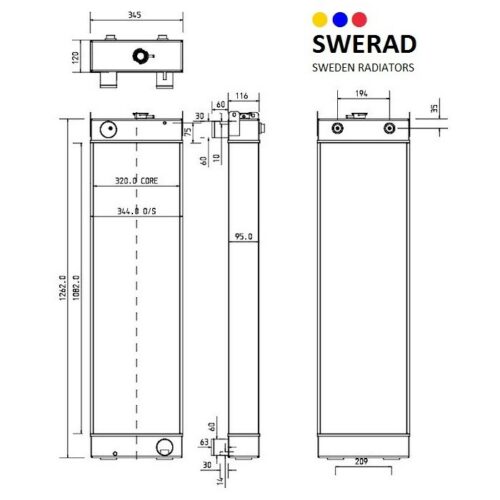 Teknisk ritning av en Kylare JCB grävmaskin radiator, som visar front-, sido- och toppvyer med detaljerade mått och specifikationer för varje perspektiv.