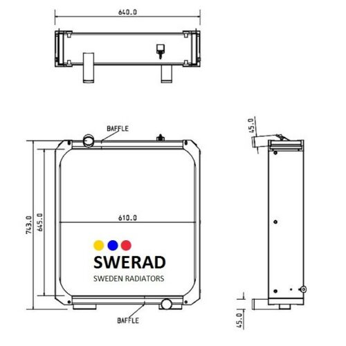 Ritning som visar front-, topp- och sidovyer av en Kylare JCB grävmaskin med angivna dimensioner, inklusive 610,0 mm bredd och 743,0 mm höjd. Kylaren har indikerade monteringspunkter och bafflar.