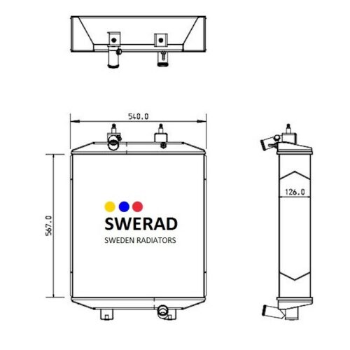 Tekniskt diagram som visar front-, sido- och toppvyer av en Kylare JCB grävmaskin-enhet med dimensioner märkta i millimeter: 567,0 höjd, 540,0 bredd och 126,0 djup.
