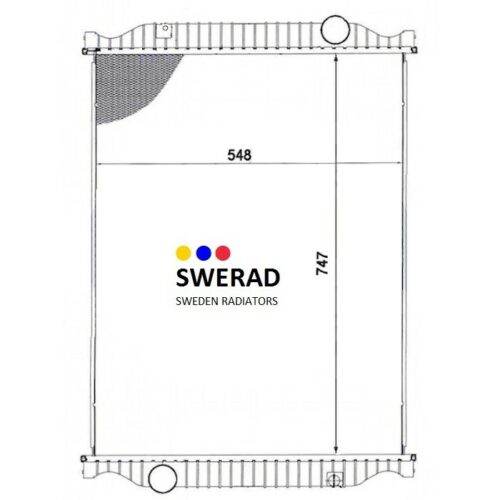 Tekniskt diagram över Kylare JCB grävmaskin radiator från SWERAD, som visar dimensionerna 548 mm gånger 747 mm med företagslogotyp och texten "SWERAD SWEDEN RADIATORS" i mitten.