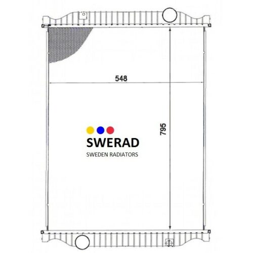 Tekniskt diagram över Kylare JCB grävmaskin kylare, med dimensionerna 548 mm gånger 795 mm och märkeslogotypen i mitten.