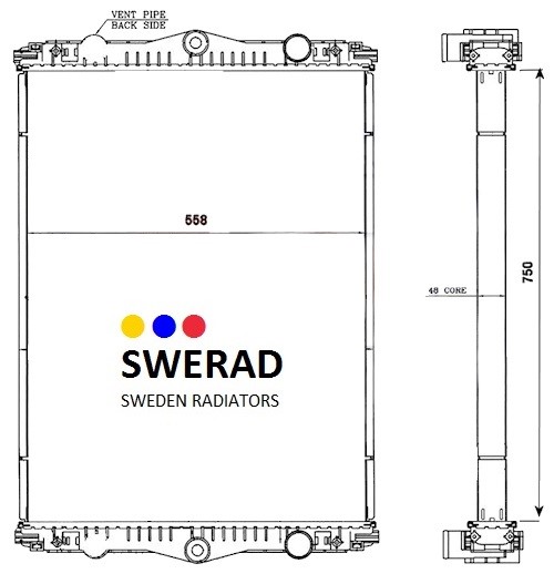 Tekniskt diagram över en Kylare JCB grävmaskin radiator, inklusive front- och sidovyer med måtten märkt 558 mm bredd och 750 mm höjd. SWERAD-logotypen och texten "SWEDEN RADIATORS" visas tydligt.