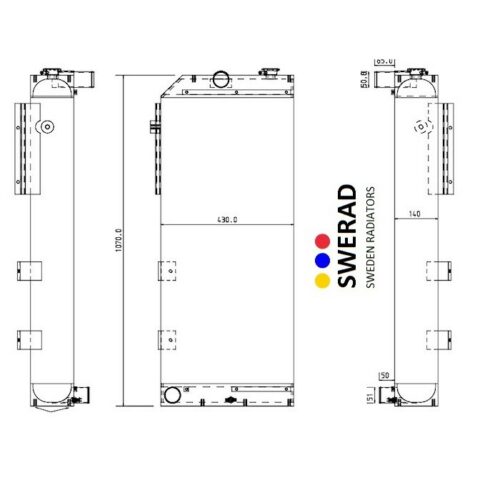 Teknisk ritning av en Kylare JCB grävmaskin radiator med dimensioner och anslutningspunkter detaljerade, med vyer framifrån, från sidan och ovanifrån.