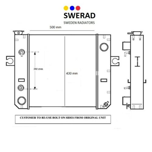 Tekniskt diagram som visar dimensioner och komponenter för en Kylare JCB grävmaskin från SWERAD, med instruktioner för återanvändning av bultar från originalenheten.
