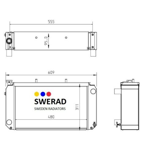 Teknisk ritning av en Kylare JCB grävmaskin med dimensioner: 555 mm bredd, 609 mm längd och 311 mm höjd. Fram-, topp- och sidovyerna visas med märkta mått.