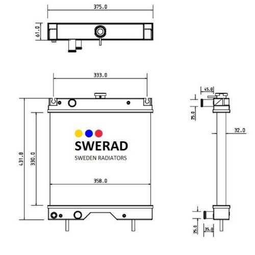 Tekniskt diagram som visar front-, sido- och toppvyer av en Kylare JCB grävmaskin från Sweden Radiators, med dimensioner märkta i millimeter.
