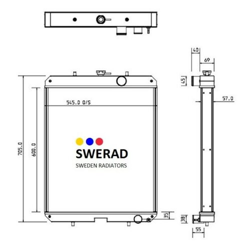 Tekniskt schema över Kylare JCB grävmaskin kylare med front- och sidovyer. Mått och specifikationer är märkta i millimeter.