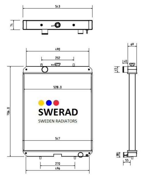 Tekniskt diagram som visar mått på Kylare JCB grävmaskin radiator tillverkad av SWERAD (Sweden Radiators). Topp-, front- och sidovyerna är försedda med exakta mått i millimeter.