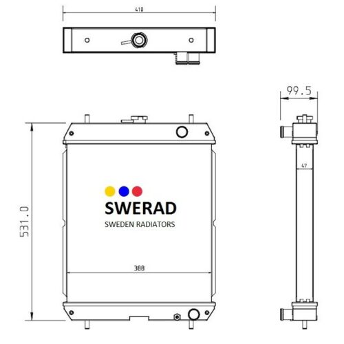 Teknisk ritning av Kylare JCB grävmaskin, som visar front-, sido- och toppvyer med mått: höjd 531,0 mm, bredd 368 mm och djup 99,5 mm.