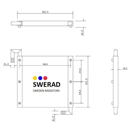 Teknisk ritning av Oljekylare Hitachi grävmaskin med mått. Framsidan visar "SWERAD SWEDEN RADIATORS" och en logotyp med färgade prickar. Sido- och toppvyer också försedda med mått.