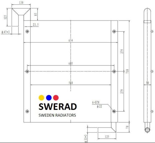 Tekniskt diagram över en Oljekylare Hitachi grävmaskin enhet med detaljerade mått i millimeter.
