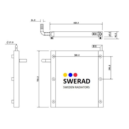 Tekniskt diagram av en Oljekylare JCB grävmaskin radiator, som visar front-, sido- och toppvyer med mått. SWERAD-logotypen är centrerad på framsidan.