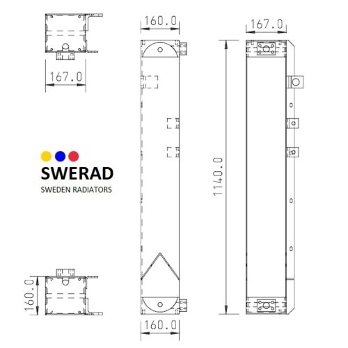 Teknisk ritning av en Oljekylare JCB grävmaskin radiator med mått märkta i millimeter. Måtten inkluderar 167,0 mm (bredd), 160,0 mm (djup) och 1140,0 mm (höjd). SWERAD-logotypen visas.