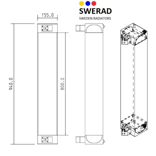 Teknisk ritning av en Oljekylare JCB grävmaskin radiator. Måtten visas: höjd 940,0 mm, bredd 155,0 mm och djup 800,0 mm. Detaljer om anslutningar och montering visas.