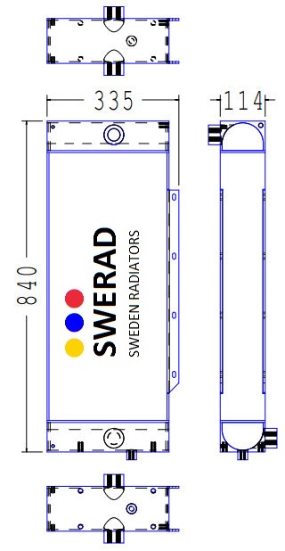 Teknisk ritning av en Oljekylare JCB grävmaskin kylare från SWERAD, som visar front-, sido- och toppvyer med måtten 840 mm i höjd och 335 mm i bredd.