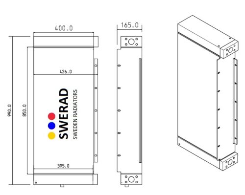 Teknisk ritning av en Oljekylare JCB grävmaskin radiator som visar mått: 990 mm höjd, 400 mm bredd och 165 mm djup. Texten "SWERAD" och "SWEDEN RADIATORS" visas på framsidan med en logotyp av färgade prickar.