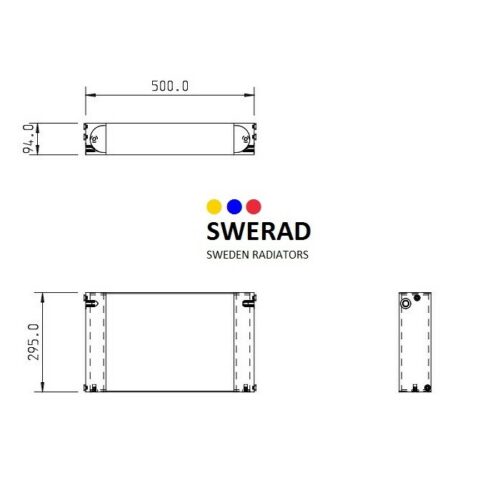 Teknisk ritning av Kylare JCB grävmaskin radiator, som visar mått. Längden är 500,0 mm, höjden är 295,0 mm och bredden är 94,0 mm. SWERAD-logotypen visas med texten "Sweden Radiatorer.