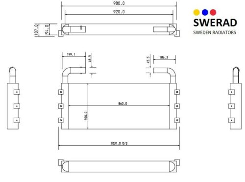 Teknisk ritning av Kylare JCB grävmaskin radiator, märkt med mått. Måtten inkluderar längd (980 mm), bredd (920 mm) och höjd (199,1 mm). Swerads logotyp och texten "Sweden Radiators" är synliga.
