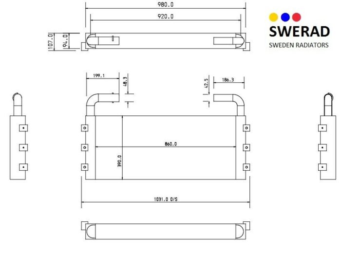 Teknisk ritning av Kylare JCB grävmaskin radiator, märkt med mått. Måtten inkluderar längd (980 mm), bredd (920 mm) och höjd (199,1 mm). Swerads logotyp och texten "Sweden Radiators" är synliga.